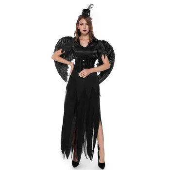 Preto Escuro Diabo Anjo Caído Vampiro Traje Adulto Trajes de Halloween para as Mulheres, Gótico, Fantasia de Bruxa (Vestido ,Cinto,Chapéu,Asa)