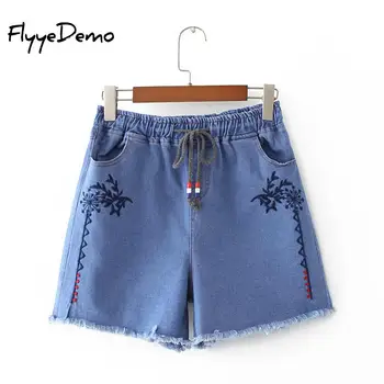 Shorts jeans de Flores Bordado Shorts Jeans Mulheres Solto e Casual Boho Azul Jeans Feminino Senhora Floral com Elástico na Cintura, Tamanho Grande