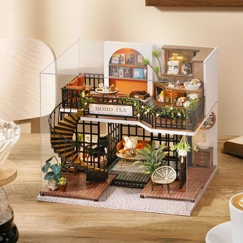 Miniatura de Chá de Casa de bonecas Modelo com Mobiliário de Casa de Trabalho DIY Bonito Domésticos Festa de Decoração para Crianças