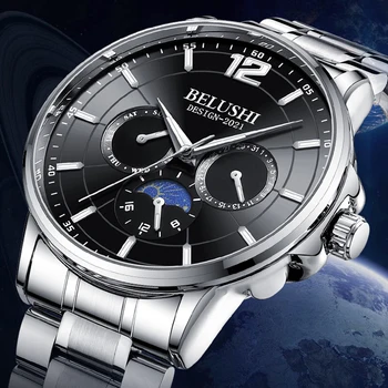 BELUSHI Homens de Quartzo Luminosos Relógios de Luxo, o Homem da Moda, do Esporte Relógio Impermeável Fase da Lua Negócios relógio de Pulso Relógio Masculino