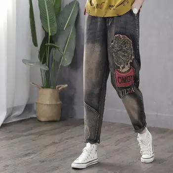 De alta Qualidade, as Mulheres M-XL Retro Patch Bordado Soltas, Jeans Oversize Cintura Alta Cartoon Casual Calças de Harém Legal