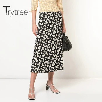 Trytree 2020 Verão as Mulheres Casual, Saia de Impressão de Pequenas margaridas Pretas de Cintura Alta Moda Elegante A-linha Vintage Meados de Bezerro Saia