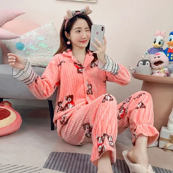 Mulheres Pijama de Flanela Pijamas Engrossar Mais de Lã Quente Pijamas Homewear de 2 peças do Conjunto de Suspensão Tops Loungewear Mulheres