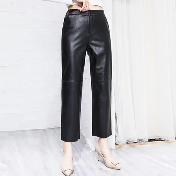 Novo Designer de Mulheres de Outono High-rise-couro Nono calças de Alta qualidade em couro genuíno reta calças C334