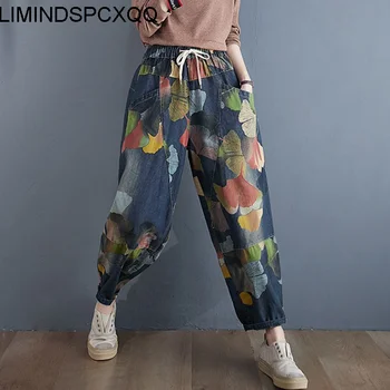 Solta Vintage Jeans Feminino Para Mulheres Calças De Outono Inverno Harém De Moda De Impressão De Cintura Elástica Feminino Calças De Streetwear Trajeto