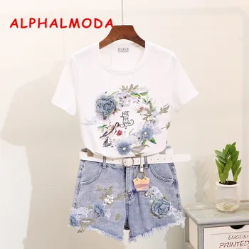 ALPHALMODA 2019 Verão de Mulheres Floral Camiseta + Shorts 2pcs de Moda de Terno Pesado trabalho de Bordado Ensemble Femme 2 Peças Pantalon