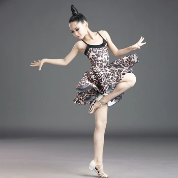 Latina Menina de Vestido 2021 Novo High-end Vestido de Verão Funda Impressão de Leopardo Regras de Concorrência Crianças Vestido de Dança latina