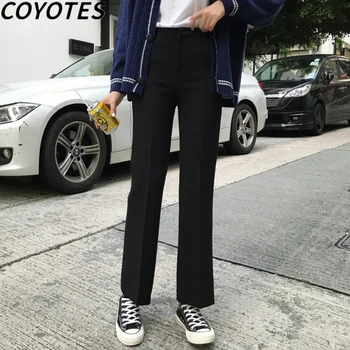 COIOTES das Mulheres Calças Clássico Preto em linha Reta Calça Mulheres de Cintura Alta Lazer Calças Soltas Casual coreano Confortável-jogo
