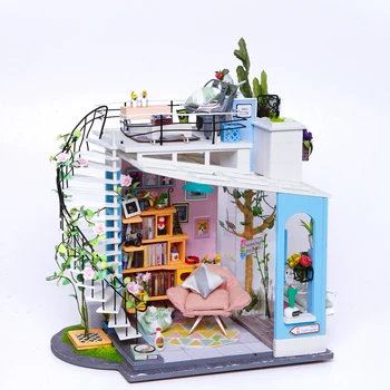 Criativo Azul de Lazer, Casa de bonecas em Miniatura Casa de bonecas Móveis de Terraço Escadas DIY de Madeira Casa de bonecas de Brinquedo Kits para Presente das Crianças