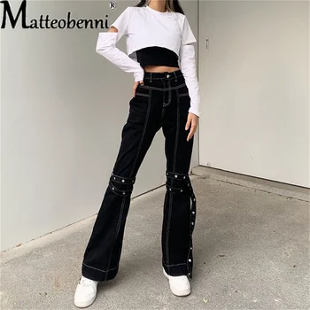 Moda Streetwear Jeans 2021 Carga Calças Para Mulheres Casuais Cintura Alta Alça De Decoração Calças De Harajuku Preto Falante Calças Calças