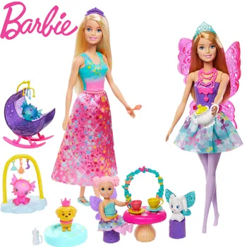 Barbie Dreamtopia Bonecos Fantasia Elfos Conjunto Tea Party Cuidar do Bebê Brincar de casinha de Brinquedo Brinquedo Para Meninas de Presente de Aniversário GJK49