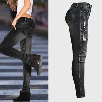 Lugentolo Black Jeans Skinny Mulheres Streetwear Slim Fit Elasticidade Ripped Jeans Lápis Calças Locomotiva Jeans para Mulheres