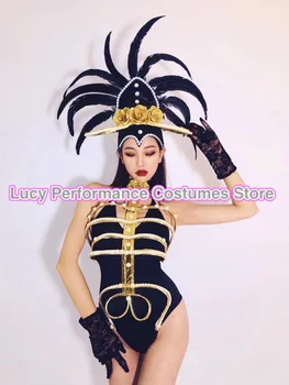 Boate barra de ouro preto Gótico rosa esqueleto terno gogo desempenho roupas femininas DJ discoteca partygirl desempenho roupas