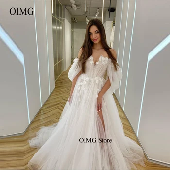 OIMG Elegante Fora do Ombro Brilho de Noiva de Tule Vestidos de Flores em 3D Mangas de Fenda de Varredura de Noiva Vestidos de Trem Robe de mariage