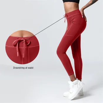 Nu Sensação de cadarço Elástico Esportes Leggings Calças de Yoga Mulheres Cordão de Cintura Alta Hip Elevador Execução de Fitness Bolso de Calças Apertadas