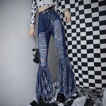 Tassel Ripped Jeans Mulheres Moda Streetwear Super Elástico Skinny Flare Calças De Cintura Alta Lavado Lazer Calças
