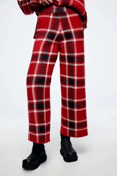 2021 Mulheres Inverno Cintura Alta Vermelha Magro Seleção Calças Vertical de Lã Casual Calças