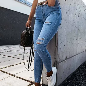 Lavou Ripped Jeans Mulheres de Grande tamanho S-2XL coreano Cintura Alta Calças Skinny Jeans Azul claro Oco Branqueada de Lápis, Calças
