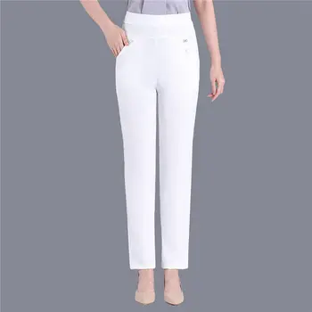 Mulheres Calças de Cintura Alta, Calças de Primavera Outono Casual 5XL de meia-idade Feminina Reta Calças de Elástico Pantalones Mujer