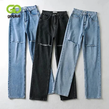 GOPLUS Jeans Y2k Reta Calças Jean Cintura Alta Rasgado Azul, calça Jeans Preta, Mulheres de Calças Jeans Pantalon Pour Femme De Mulher