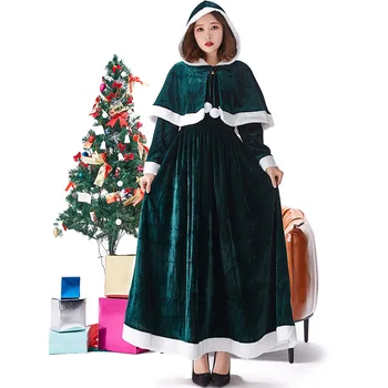 Mulher de Verde Escuro de Pelúcia Vestido Com capa com Capuz de Natal com Capuz do Manto de Cabo Longo de Festa Cosplay Fantasias de Halloween Vestidos