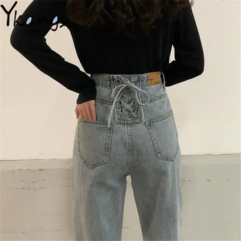 De Volta Cintas Cruzadas Laço Na Cintura Alta Wide Leg Jeans Streetwear Coreano Moda Casual, De Jeans, Calça De 2021 Mulheres Reta Longa Calças