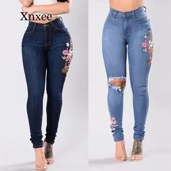 Moda Jeans Mulheres Bordado Bolso de Botão de Cintura Alta Jeans Calças Skinny Jeans Slim por grosso de flores longas calças skinny azul