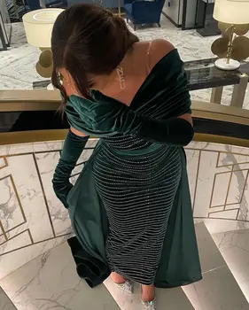 Negro De Veludo Verde Longos Vestidos De Baile, Sereia Frisado Fora Do Ombro Comprimento Do Tornozelo Arábia Saudita, As Mulheres Vestido De Festa Noite