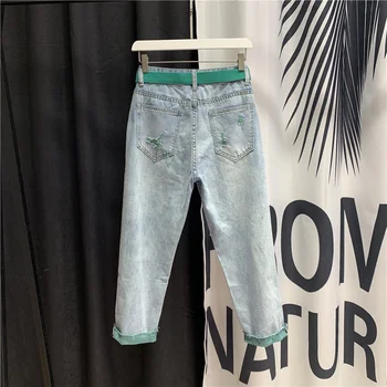 Verão Chic calças de Brim das Mulheres do Tornozelo Comprimento de Jeans, Calças de High Street Rasgado Buraco de Cintura Alta de Ajuste Solto Hip Hop Calças de Harém Verde S-XL