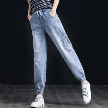 Calças de brim das Mulheres do Novo Estilo coreano Nove pontos de Calças Soltas Cintura Elástica Harém Calças de cintura Alta Calças Mãe Jeans