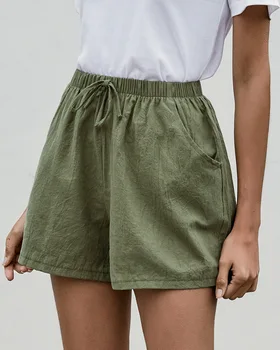Novas Mulheres de Shorts Quente de Verão Casual, Roupa de cama de Algodão Shorts Plus Size Meados de Cintura Curta Moda Mulher Streetwear Calças Curtas