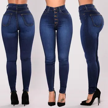 Cintura Alta Jeans Skinny Mulheres Push-Up Sexy Botão Vintage Denim Lápis Calças Jean