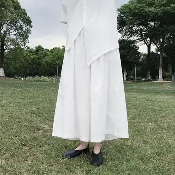 Senhoras Calça Saia Casual Calças De Perna Larga Calças De Verão, Vestem Branco De Algodão E Tecido De Linho Solta A Cintura Apertada Solta Moda