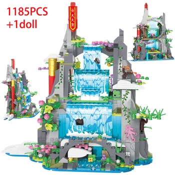 1185 PCS Cachoeira na Montanha de Blocos de Construção Chinês Clássico Filme da Série Monkey King Monte Huaguoshan Modelo de Brinquedo Tijolos Dom Crianças