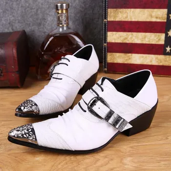 branco de couro genuíno sapatos com a moda fivela artesanal homens oxfords vestido de festa de casamento sapatos de homens de salto alto apontado toe sapato