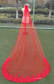 1 Camada de 3M Vermelho Véu de Cetim Laço Vermelho Véu de Noiva Marrige Véu com Pente MM Acessórios do Casamento
