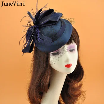 JaneVini Marinha Casamento Chapéus para Mulheres Elegantes Senhoras Penas o Fascinators das senhoras Chapéu de Noiva, Noiva Cocar Noite Acessórios de Cabelo
