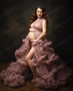 Rosa empoeirado Vestido de Maternidade para a Fotografia Grávida de Pescoço de V Photoshoot Manto de Fotos de Vestidos de Baile Mulheres do Chuveiro do Bebê
