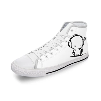 Fone de ouvido Cartoon Música Rock Legal Pano Branco de Moda de Impressão 3D de Alta Superior Sapatos de Lona Homens Mulheres Respirável Leve Tênis