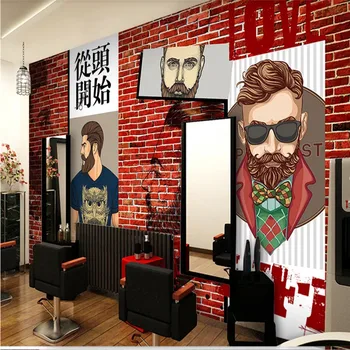 Personalizado Barbearia Decoração Mural, Papel De Parede 3D do Cabelo dos Homens Design de Tijolo Vermelho de Fundo, papel de Parede 3D Papel de Parede