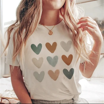 kawaii Coração de Amor Doce Impressão de Senhoras T-shirt Ocasional, Crewneck Top Branco Curto-sleev Mulheres T-shirt Amor Impressão Gráfica Tee