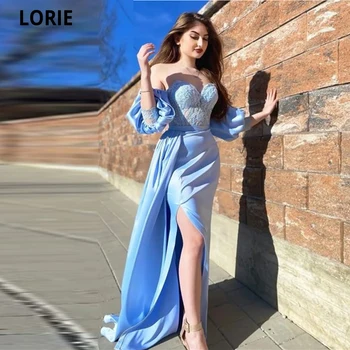 LORIE Céu Azul Sereia Vestidos de Baile Querida Mangas Puff Recepção Vestidos de Fenda árabe Aso Ebi de Aniversário Usa Vestes De Soirée