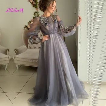 Cinza árabe de Dubai Vestidos de Noite O-Pescoço Mangas compridas, Vestidos de Baile Flores de Tule de Uma Linha de Vestido de Festa da Mãe de Vestido de Noiva