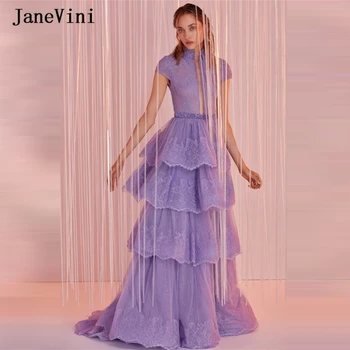 JaneVini 2020 Luz Elegante Roxo Longo De Baile, Vestidos De Gola Alta Frisado Uma Linha Em Camadas De Tule Apliques De Renda Senhoras Formal Vestido Do Baile De Finalistas