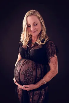 maternidade praia vestido longo lace vestido de grávida, vestido de mulher grávida, fotografia de adereços transparente vestido de renda gravidez pijama