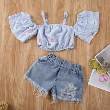 Bonito Moda Bebê Crianças Roupas de Meninas Conjuntos Florais de Impressão Off Ombro Tops + Shorts Jeans Rasgado Conjunto de Roupa de 0 a 3 anos