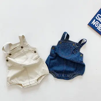 Verão Infantil Menino Menina Bodysuit Verão Botão De Algodão Macacão Jeans Casual Sem Mangas Sólido Roupas De Bebê