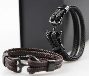 Moda masculina âncora bracelete preto banhado de couro de aço inoxidável dos homens, pulseira de Corda Pulseiras do sexo Masculino Feminino jóias