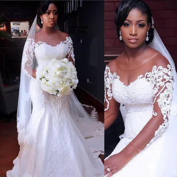 Luxo Africano, A Nigéria Sereia Vestidos De Noiva 2021 Sheer Mangas O Pescoço Laço Grande Tamanho De Vestido De Noiva Se Veste De Mariee