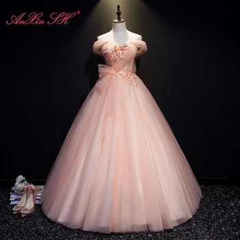 AnXin SH vintage princess pink lace flor grande arco, barco de luxo pescoço ilusão beading pérolas babados fase noiva de vestido de noite